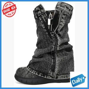 Women's Denim Platform Boots with Side Zipper and Padlock, Chunky Heel
